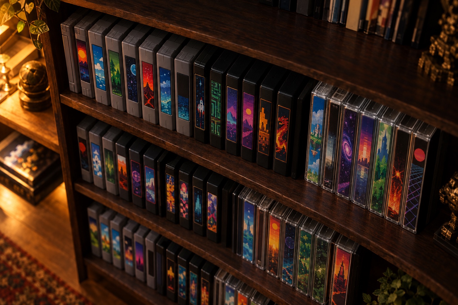 A dark walnut collector's shelf packed with rows of retro game cartridges and jewel cases in warm lamplight