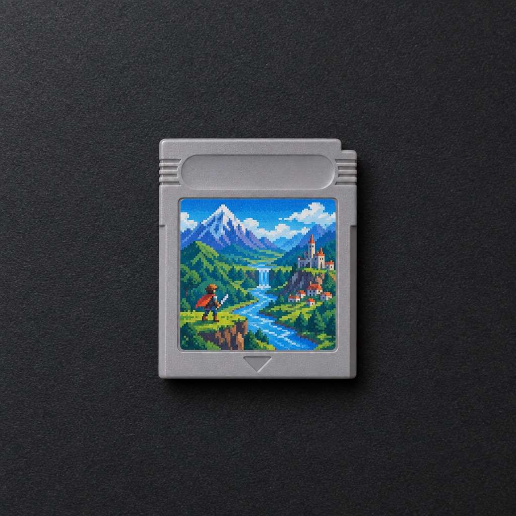 Sample photo: small handheld cartridge with an adventure-landscape label