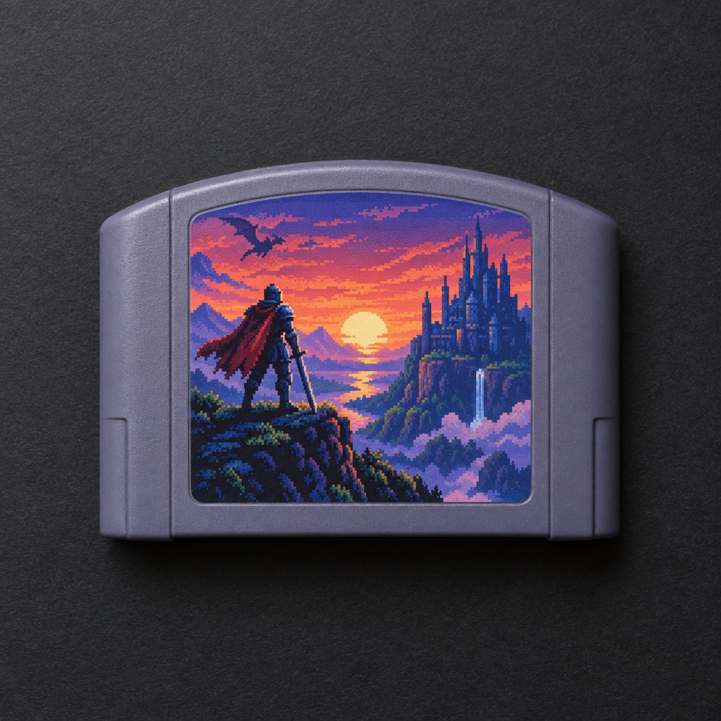 Sample photo: rounded 16-bit-era cartridge with a knight-and-castle label